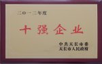公司榮獲天長市2012年度“十強企業”榮譽稱號